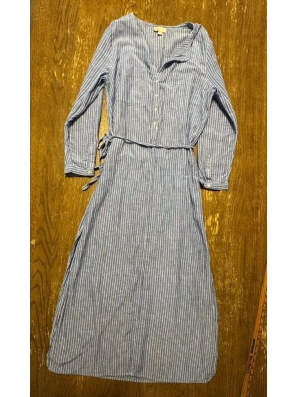Love by Gap Stripe Crinkle Gauze Shirt Dress Cotton Linen Belt Soft Maxi Slits - Picture 1 of 10